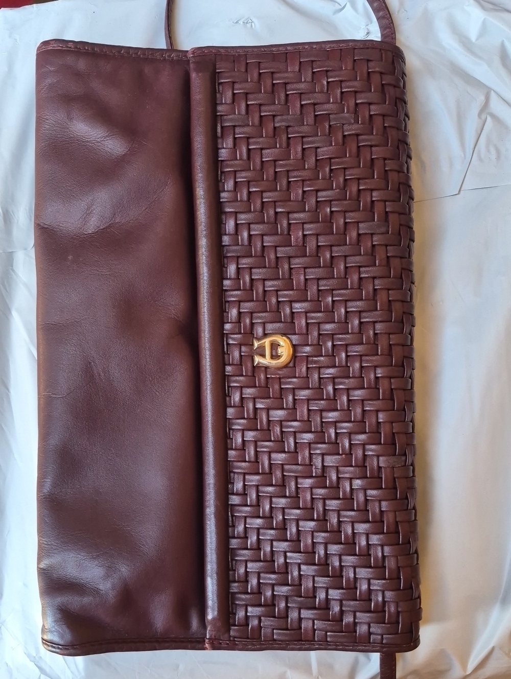 Vintage Etienne Aigner Brown Woven Leather Clutch with Gold Hardware